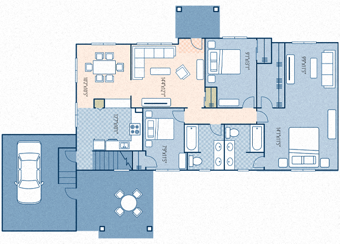 Floor plan for 3 beds, 2 baths, 1249 sqft